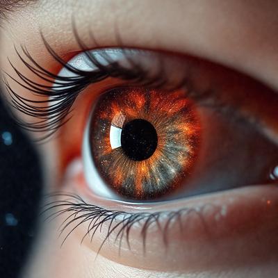 The primary subject of the image is a close-up of a person's eye, showcasing its unique and striking features. The eye is open, and the iris is a vibrant orange with a black center. The setting is a dark background, which emphasizes the eye's color and texture. The visual style is a close-up, focusing on the eye's details. The colors and mood of the image are dramatic and intense, with the orange iris standing out against the dark background.